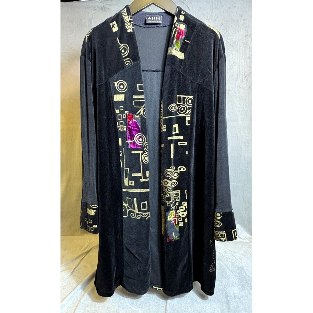 Ahni Womens Black Velour Cardigan Duster Box Pleat Asian Gold Art Lagenlook L XL